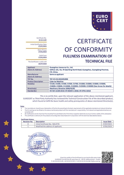 Certificat CE pour la machine à glaçons en cube