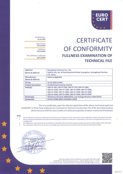 Certificat CE pour la machine de congélation à lit fluidisé